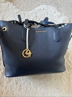 Michael Kors Navy Saffiano Leather Tote with Gold MK Charm